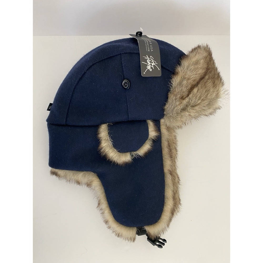 NWT City Hunter Trapper Hat Cap Mens One Size Blue Ear Flap Faux Fur Winter